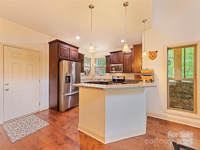 389 Manna Way, Sylva, NC 28779 - kitchen with stainless steel appliances, plenty of natural light, light stone counters, wood finished floors, and recessed lighting