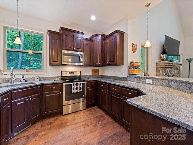 389 Manna Way, Sylva, NC 28779 - kitchen with stainless steel appliances, wood finished floors, light stone counters, decorative light fixtures, and lofted ceiling