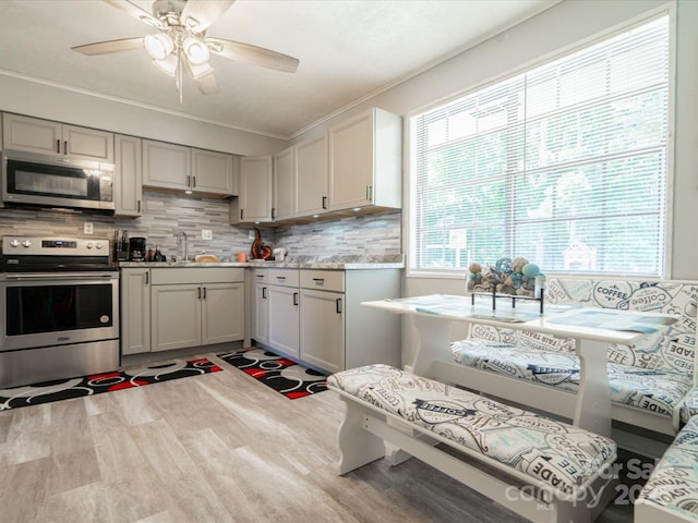 1035 Chesterfield Hwy, Cheraw, SC 29520 - kitchen with stainless steel appliances, wood finished floors, light countertops, decorative backsplash, and a ceiling fan