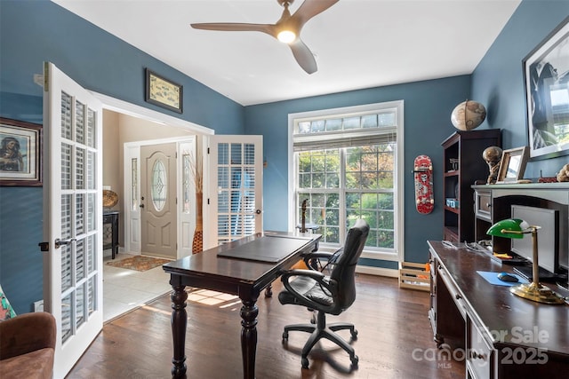 6006 Casswell Cir, Matthews, NC 28104 - office featuring french doors, wood finished floors, and ceiling fan