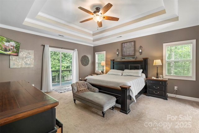 6006 Casswell Cir, Matthews, NC 28104 - bedroom featuring a tray ceiling, access to exterior, ornamental molding, light colored carpet, and a ceiling fan