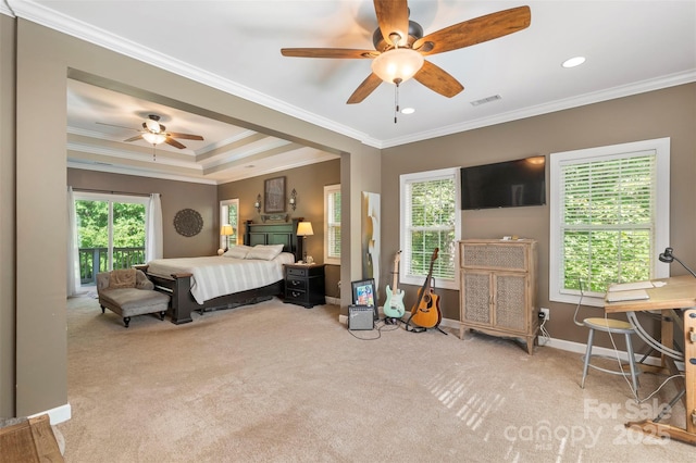 6006 Casswell Cir, Matthews, NC 28104 - bedroom featuring carpet, crown molding, a ceiling fan, and recessed lighting