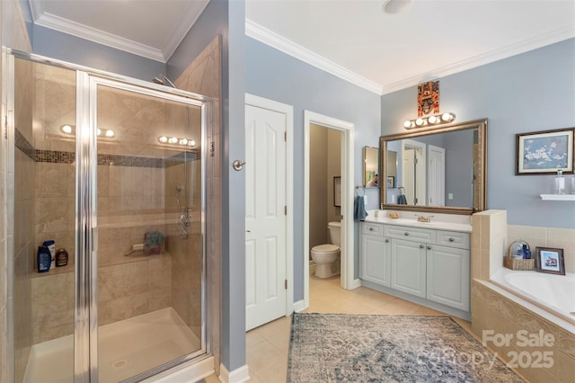6006 Casswell Cir, Matthews, NC 28104 - full bath featuring a stall shower, vanity, tile patterned flooring, a bath, and ornamental molding