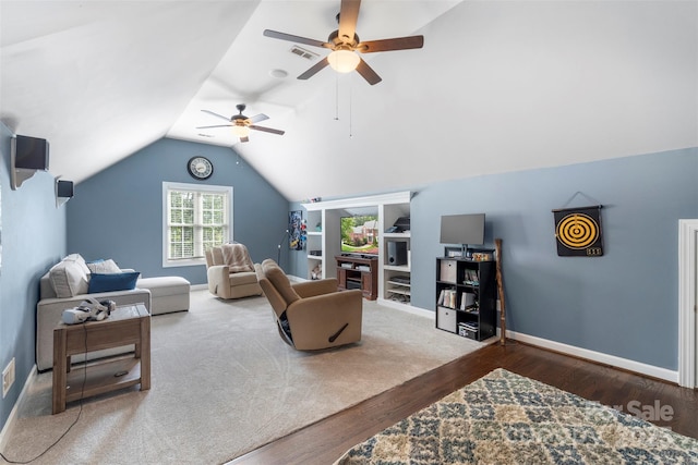 6006 Casswell Cir, Matthews, NC 28104 - living area featuring wood finished floors, a ceiling fan, and lofted ceiling