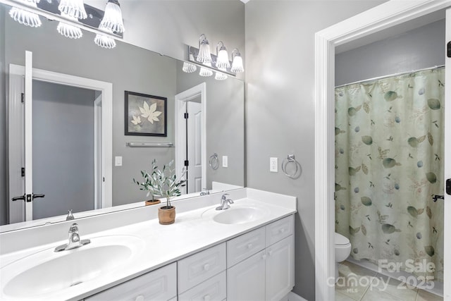 6006 Casswell Cir, Matthews, NC 28104 - full bathroom featuring double vanity, tile patterned flooring, and a shower with curtain