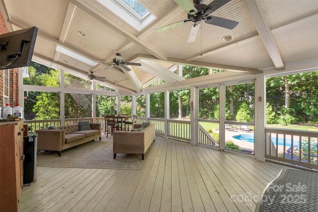 6006 Casswell Cir, Matthews, NC 28104 - sunroom with ceiling fan, a skylight, and an outdoor hangout area