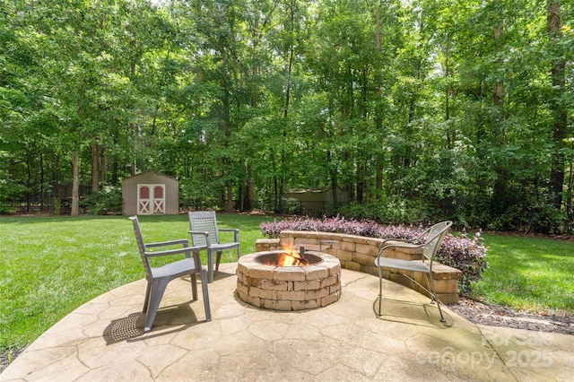 6006 Casswell Cir, Matthews, NC 28104 - view of patio with a fire pit and a shed