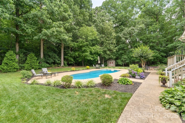 6006 Casswell Cir, Matthews, NC 28104 - swimming pool featuring a shed, a yard, and a patio