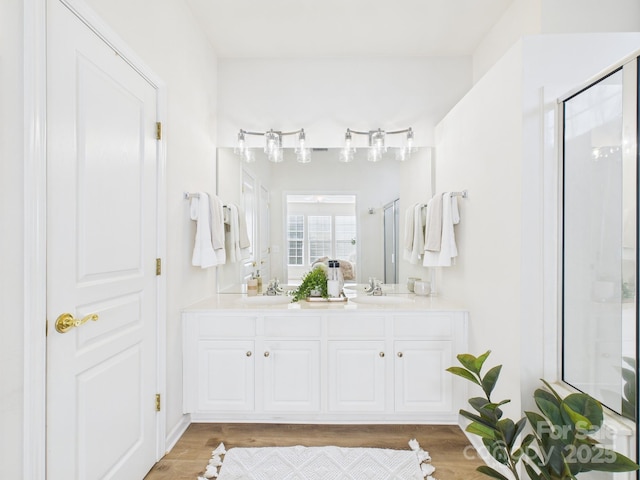 9030 Gander Dr, Charlotte, NC 28277 - full bath featuring double vanity, wood finished floors, and a shower with shower door