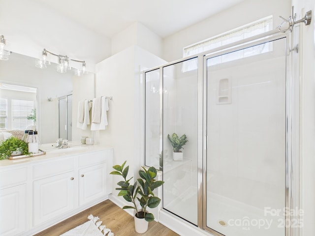 9030 Gander Dr, Charlotte, NC 28277 - bathroom with vanity, a stall shower, and wood finished floors