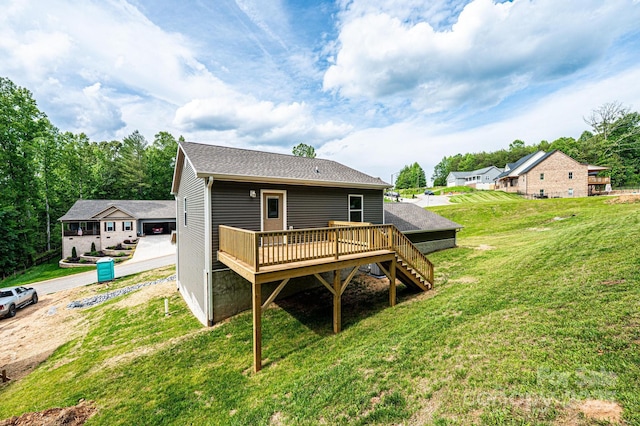 1214 Winter Pl SW, Lenoir, NC 28645 - back of property with a wooden deck, a lawn, a shingled roof, and stairs