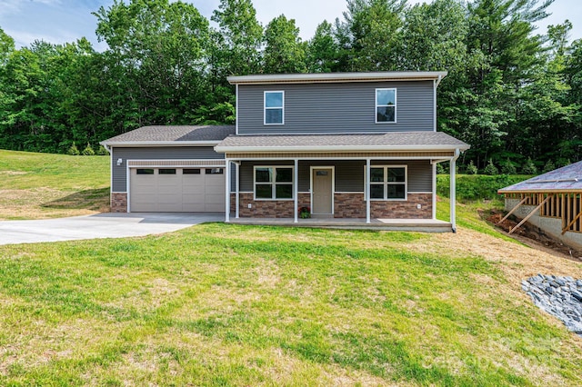1214 Winter Pl SW, Lenoir, NC 28645 - view of front of property with concrete driveway, covered porch, an attached garage, a front lawn, and a shingled roof