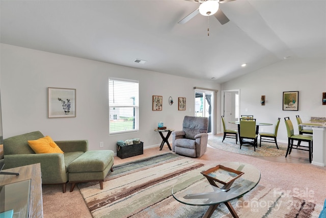 410 Apex Cir, Shelby, NC 28152 - living room with carpet floors, plenty of natural light, lofted ceiling, and ceiling fan