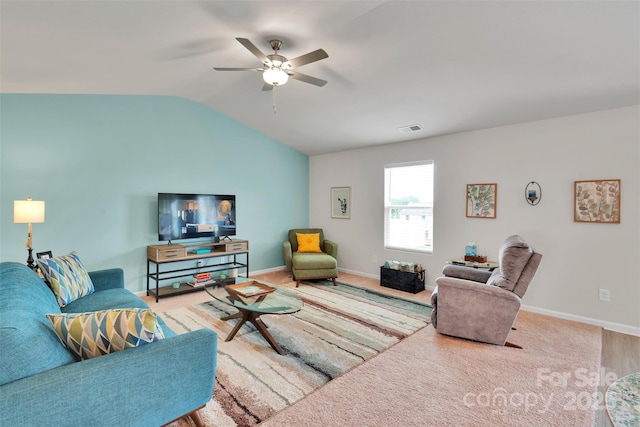 410 Apex Cir, Shelby, NC 28152 - carpeted living room with a ceiling fan and lofted ceiling