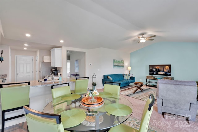 410 Apex Cir, Shelby, NC 28152 - dining space featuring ceiling fan, recessed lighting, vaulted ceiling, and light wood-type flooring