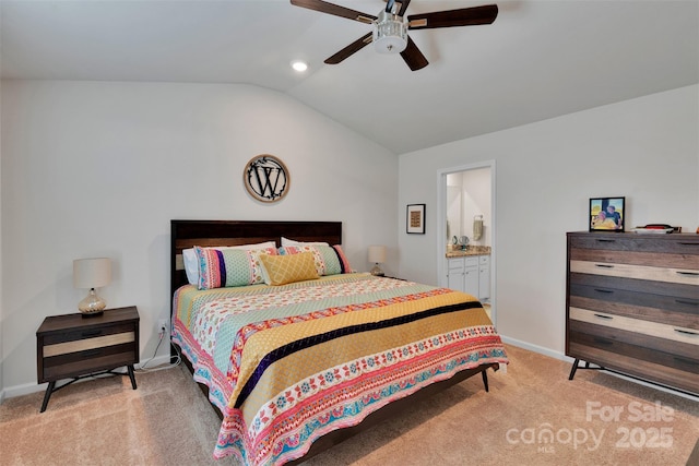 410 Apex Cir, Shelby, NC 28152 - bedroom with light colored carpet, lofted ceiling, ceiling fan, and connected bathroom