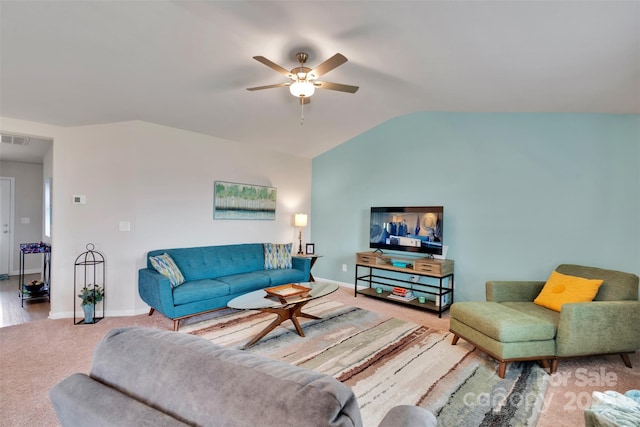 410 Apex Cir, Shelby, NC 28152 - living room with carpet floors, vaulted ceiling, and ceiling fan