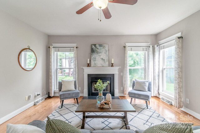 2619 Merion Hills Ct, Charlotte, NC 28269 - living area featuring healthy amount of natural light, light wood-style flooring, and a fireplace with flush hearth