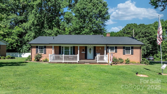 135 Burton Hills Cir, Gastonia, NC 28054 - ranch-style house with a porch, brick siding, and a chimney