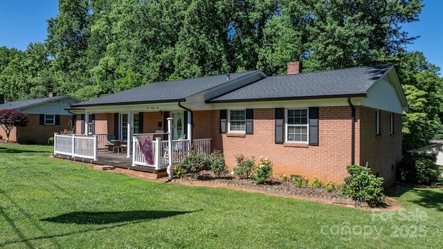 135 Burton Hills Cir, Gastonia, NC 28054 - single story home featuring brick siding, a chimney, a front lawn, covered porch, and roof with shingles