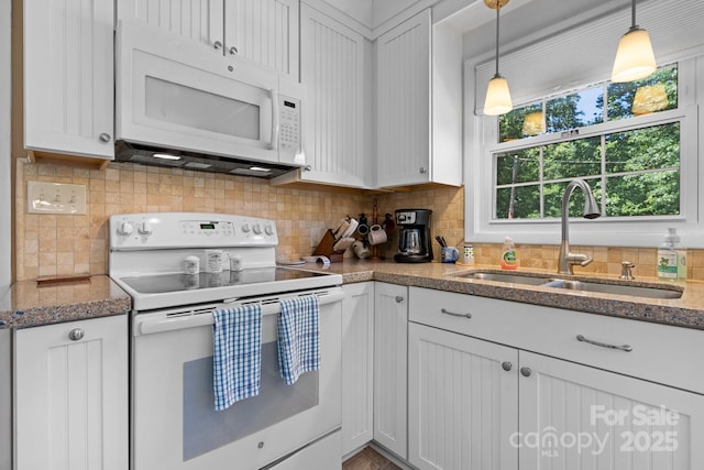 135 Burton Hills Cir, Gastonia, NC 28054 - kitchen featuring white appliances, hanging light fixtures, tasteful backsplash, stone counters, and white cabinets