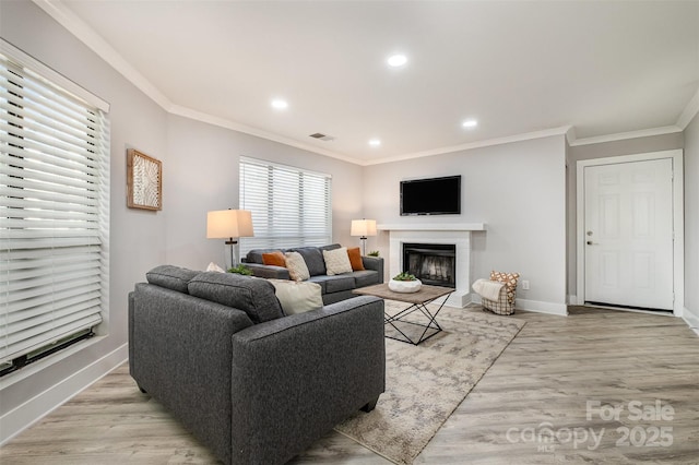 8135 Cedar Glen Dr, Charlotte, NC 28212 - living room with a fireplace, ornamental molding, light wood-style flooring, and recessed lighting