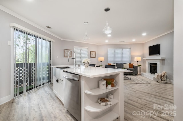 8135 Cedar Glen Dr, Charlotte, NC 28212 - kitchen featuring dishwasher, open shelves, white cabinetry, crown molding, and light countertops