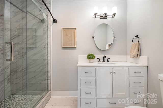 8135 Cedar Glen Dr, Charlotte, NC 28212 - full bath with marble look tile flooring, a shower stall, and vanity
