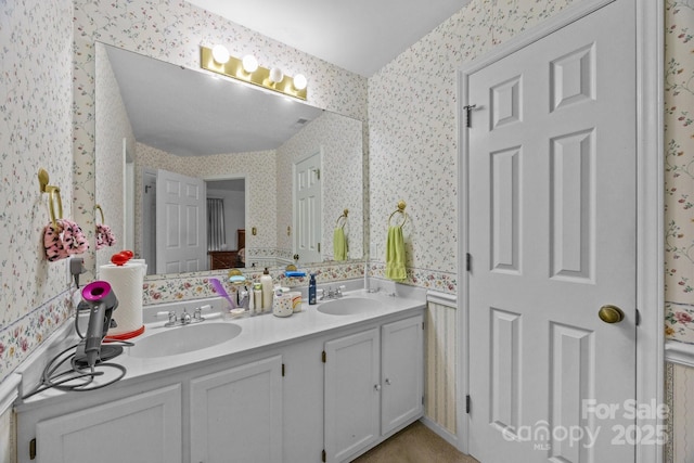 212 Foxfield Ln, Matthews, NC 28105 - bathroom with wallpapered walls and double vanity