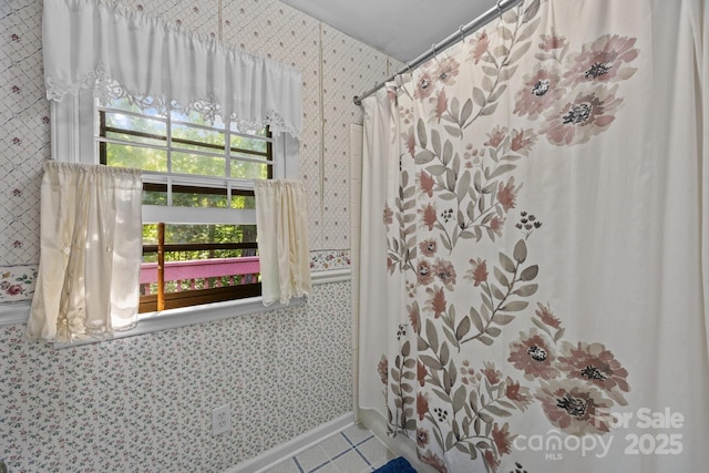212 Foxfield Ln, Matthews, NC 28105 - bathroom with wallpapered walls, a shower with curtain, and tile patterned flooring