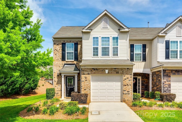 4107 Park S Station Blvd, Charlotte, NC 28210 - view of front of house with an attached garage, concrete driveway, roof with shingles, and brick siding