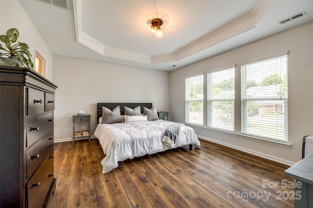 4107 Park S Station Blvd, Charlotte, NC 28210 - bedroom featuring a raised ceiling, ornamental molding, and dark wood-type flooring