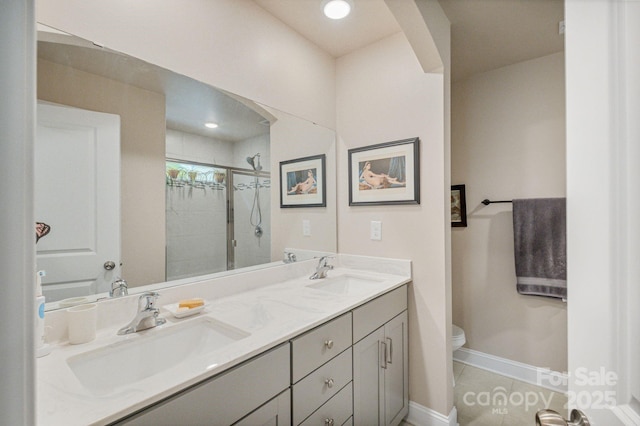 8042 Saluda Dr Unit 3, Charlotte, NC 28269 - bathroom featuring a stall shower, double vanity, and tile patterned flooring