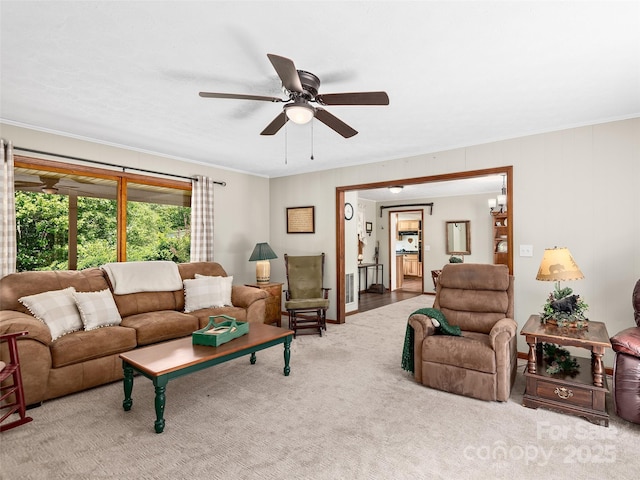 185 Indian Springs Rd, Clyde, NC 28721 - living room with crown molding, ceiling fan, and carpet