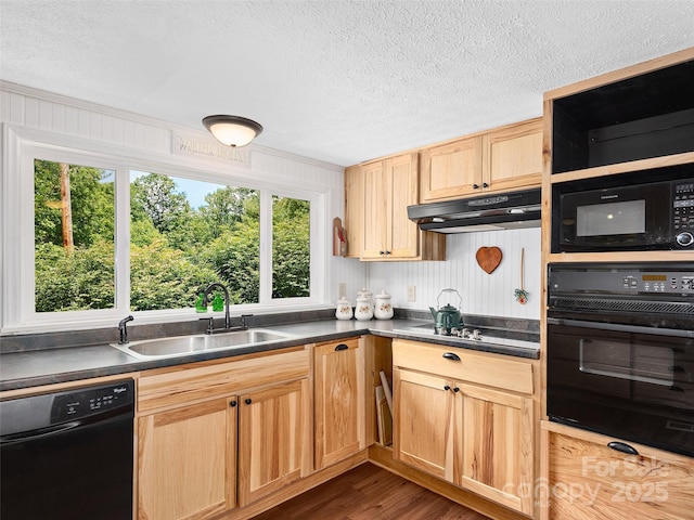 185 Indian Springs Rd, Clyde, NC 28721 - kitchen featuring black appliances, under cabinet range hood, a textured ceiling, dark wood-style floors, and dark countertops
