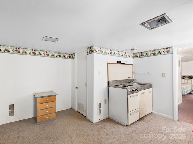 185 Indian Springs Rd, Clyde, NC 28721 - kitchen with white electric range oven and light carpet