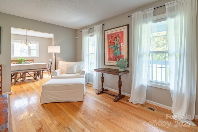 76 Woodland Hills Rd, Asheville, NC 28804 - living area with light wood finished floors, a chandelier, and a textured ceiling