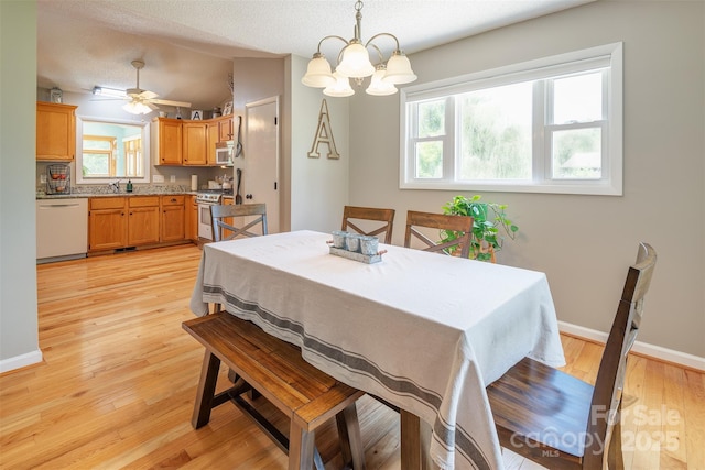 76 Woodland Hills Rd, Asheville, NC 28804 - dining space with a chandelier, light wood finished floors, ceiling fan, lofted ceiling, and a textured ceiling
