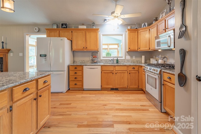 76 Woodland Hills Rd, Asheville, NC 28804 - kitchen with appliances with stainless steel finishes, a ceiling fan, light wood finished floors, and light stone counters
