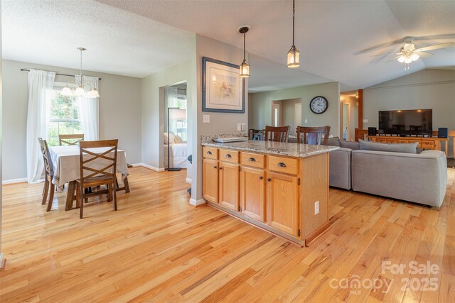 76 Woodland Hills Rd, Asheville, NC 28804 - kitchen with light wood-style floors, a ceiling fan, a chandelier, decorative light fixtures, and lofted ceiling
