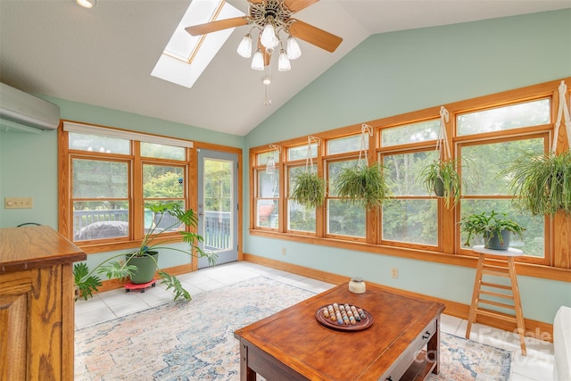 76 Woodland Hills Rd, Asheville, NC 28804 - sunroom with vaulted ceiling, a skylight, tile patterned flooring, and a wall unit AC