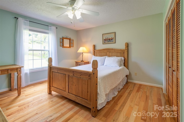 76 Woodland Hills Rd, Asheville, NC 28804 - bedroom featuring light wood-type flooring, a textured ceiling, a ceiling fan, and a closet