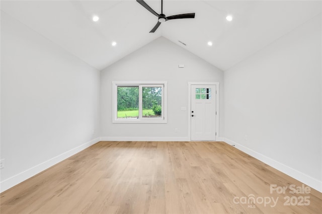 452 Duncan St, Spartanburg, SC 29306 - unfurnished living room featuring ceiling fan, light wood-type flooring, recessed lighting, and high vaulted ceiling