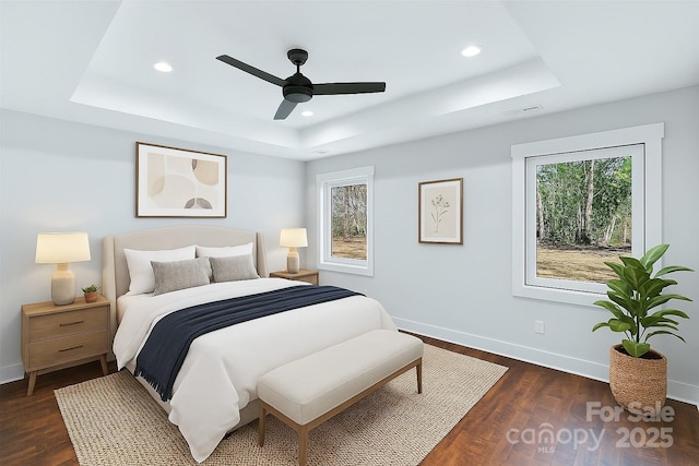452 Duncan St, Spartanburg, SC 29306 - bedroom with a tray ceiling, recessed lighting, dark wood-style floors, and ceiling fan