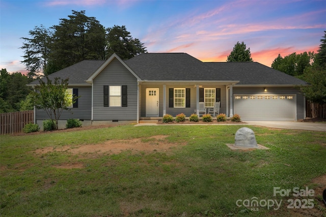 7627 Sarah Dr, Denver, NC 28037 - single story home featuring a garage, a porch, driveway, crawl space, and roof with shingles