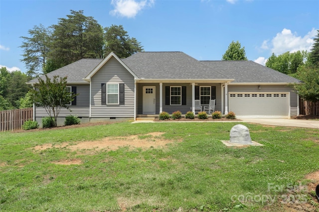 7627 Sarah Dr, Denver, NC 28037 - single story home featuring an attached garage, a porch, crawl space, driveway, and roof with shingles