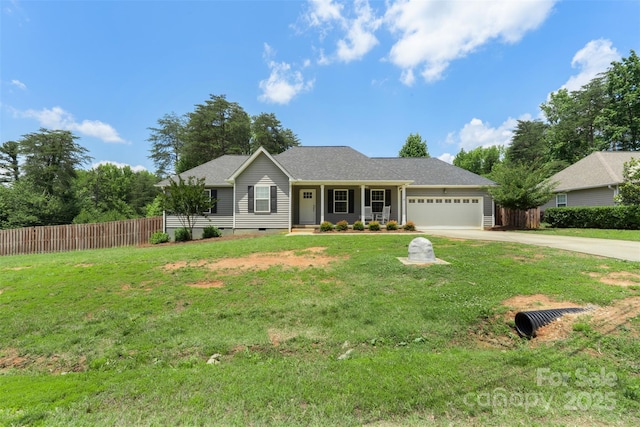 7627 Sarah Dr, Denver, NC 28037 - ranch-style house featuring a garage, driveway, covered porch, and crawl space