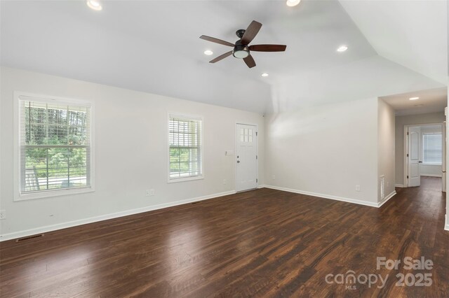 7627 Sarah Dr, Denver, NC 28037 - unfurnished living room with a ceiling fan, vaulted ceiling, wood finished floors, and recessed lighting