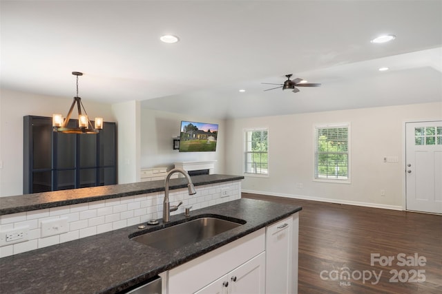 7627 Sarah Dr, Denver, NC 28037 - kitchen with open floor plan, a ceiling fan, dark wood-style floors, plenty of natural light, and recessed lighting