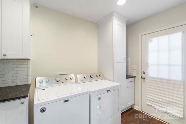 7627 Sarah Dr, Denver, NC 28037 - washroom with separate washer and dryer, cabinet space, and dark wood finished floors